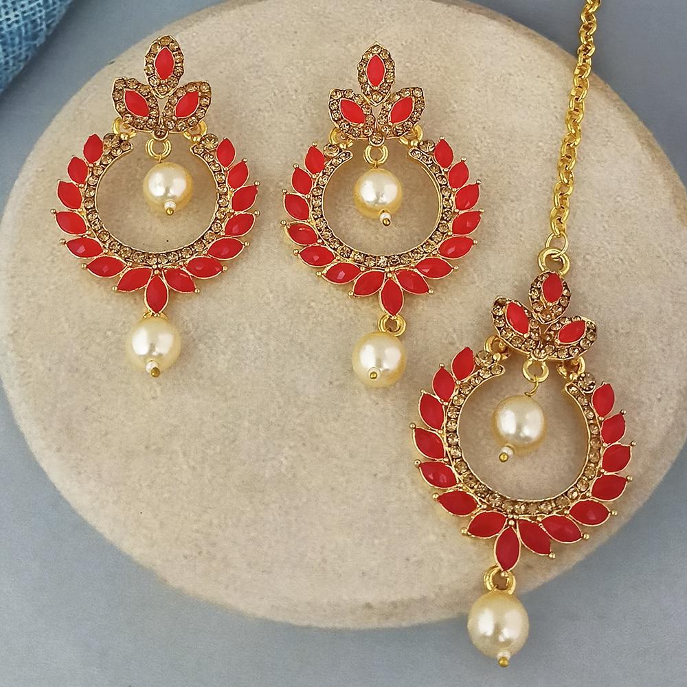 Adi Gold Plated Kundan And Austrian Stone Earrings With Maang Tikka - 1319254