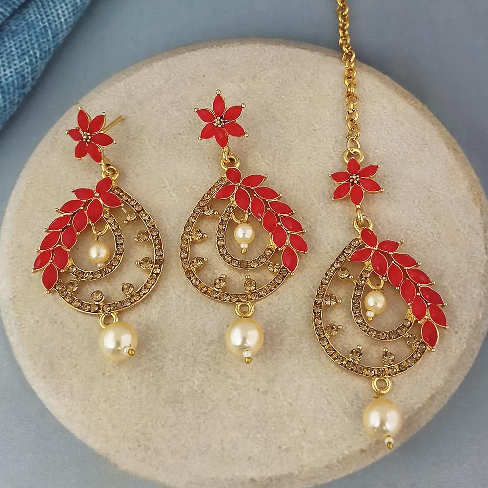 Adi Gold Plated Kundan And Austrian Stone Earrings With Maang Tikka - 1319256