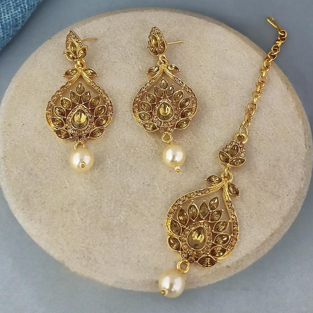 Adi Gold Plated Kundan And Austrian Stone Earrings With Maang Tikka - 1319258