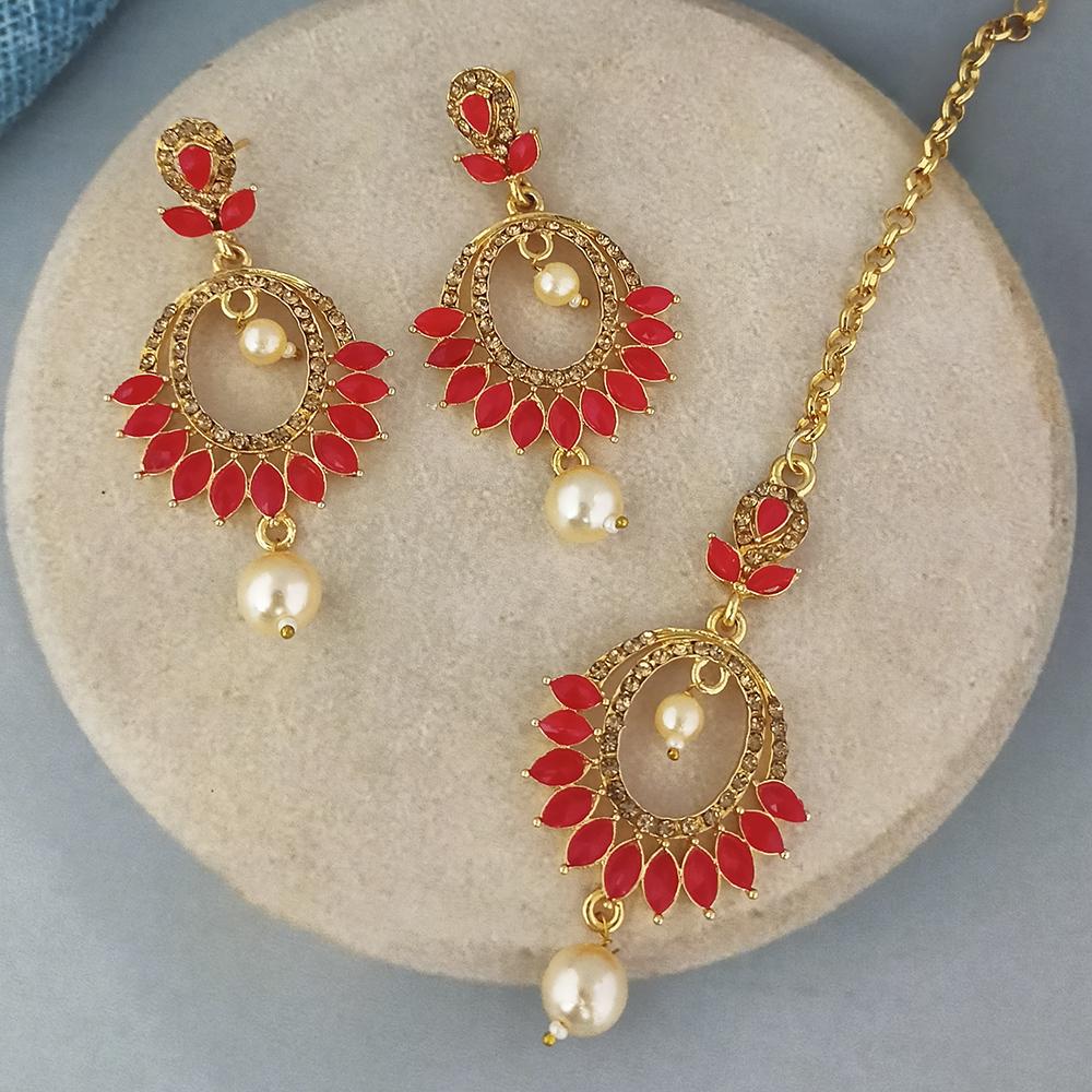 Adi Gold Plated Kundan And Austrian Stone Earrings With Maang Tikka - 1319259