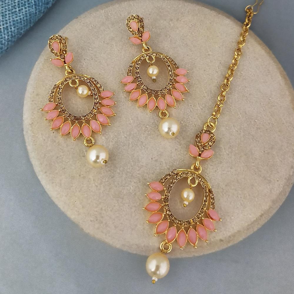 Adi Gold Plated Kundan And Austrian Stone Earrings With Maang Tikka - 1319259