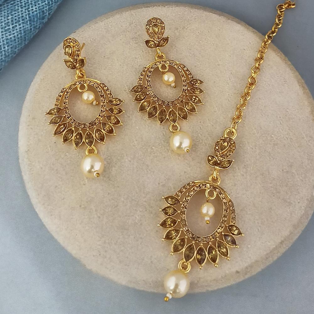 Adi Gold Plated Kundan And Austrian Stone Earrings With Maang Tikka - 1319259