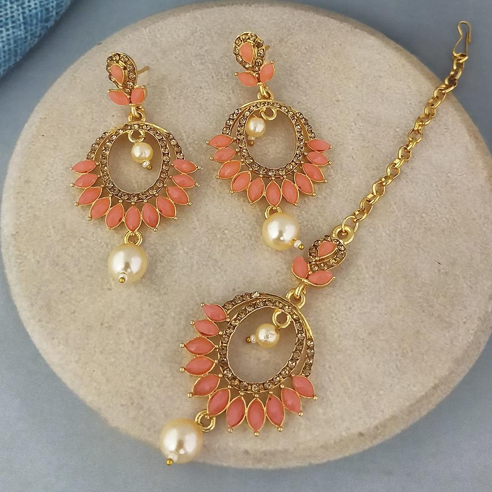 Adi Gold Plated Kundan And Austrian Stone Earrings With Maang Tikka - 1319259