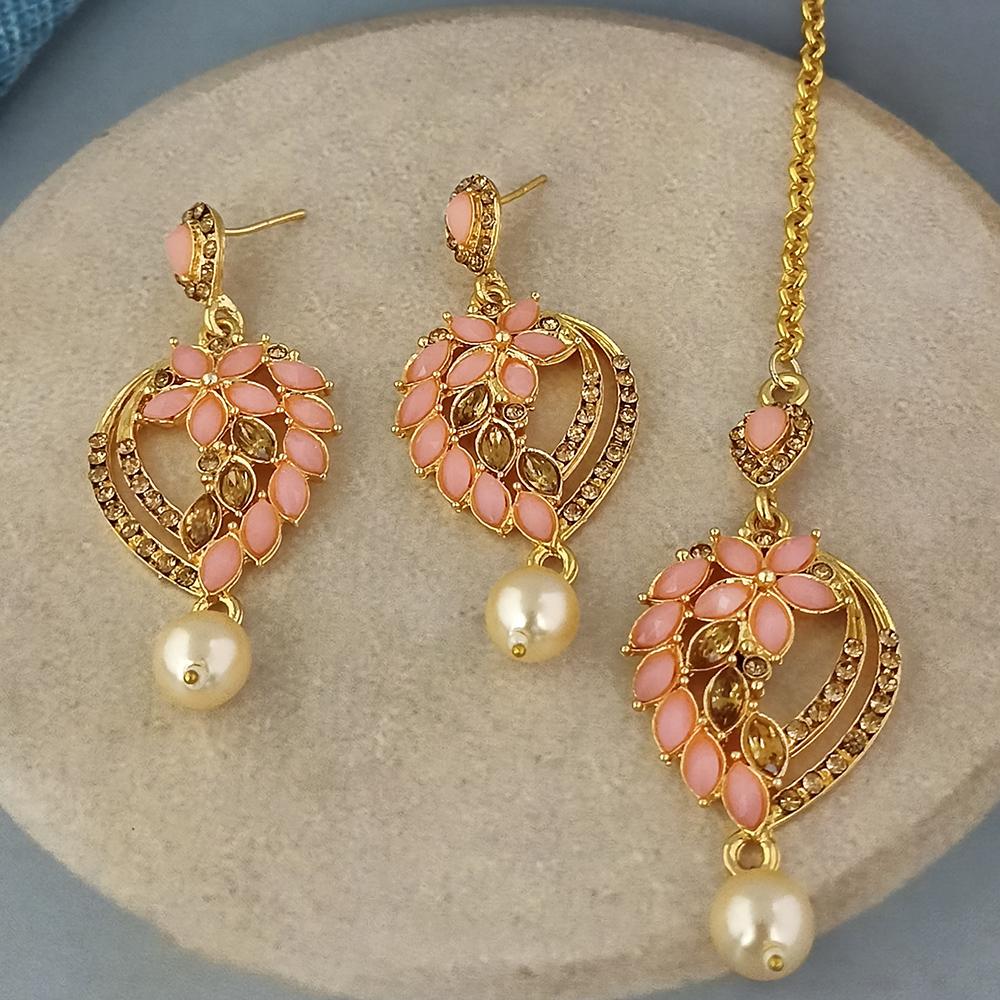 Adi Gold Plated Kundan And Austrian Stone Earrings With Maang Tikka - 1319261