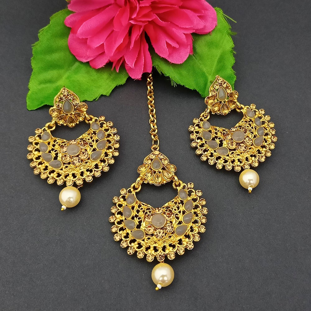 Adi Gold Plated Kundan And Stone Earrings With Maang Tikka - 1319267
