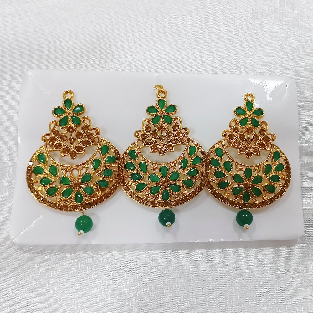Darshan Gold Plated Pota And Austrian Stone Dangler Earrings With Maang tikka - 1319506