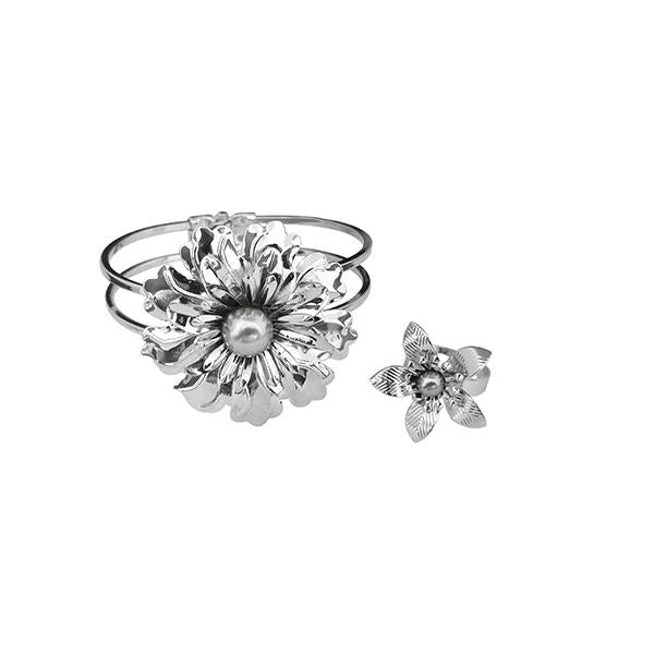 Urthn Rhodium Plated Pearl Floral Opernable Kada With Ring - 1402121D