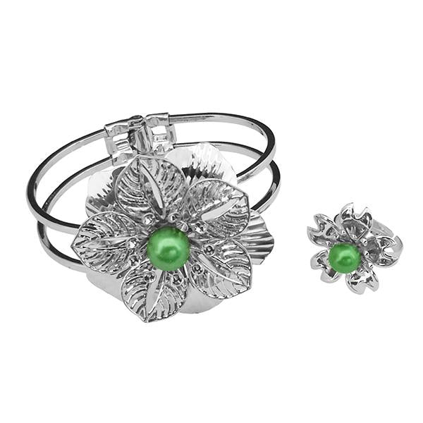 Urthn Rhodium Plated Pearl Floral Openable Kada With Ring - 1402124B