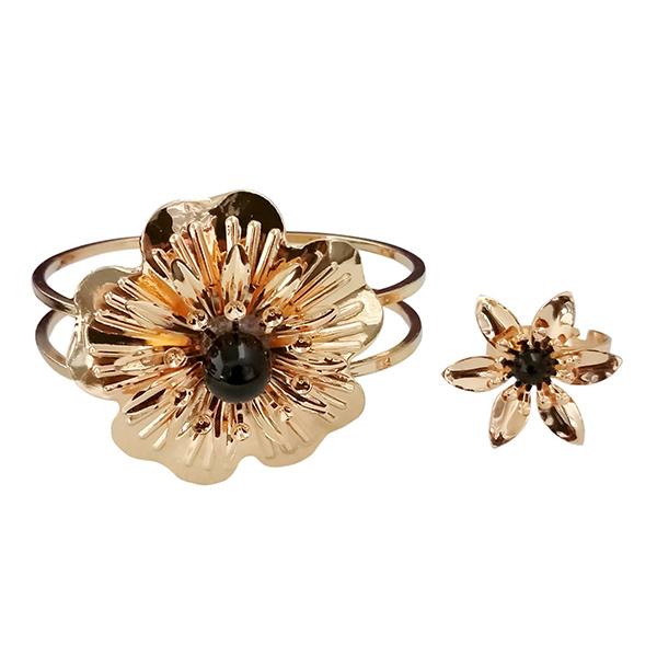 Urthn Gold Plated Black Pearl Floral Openable Kada With Ring - 1402127C