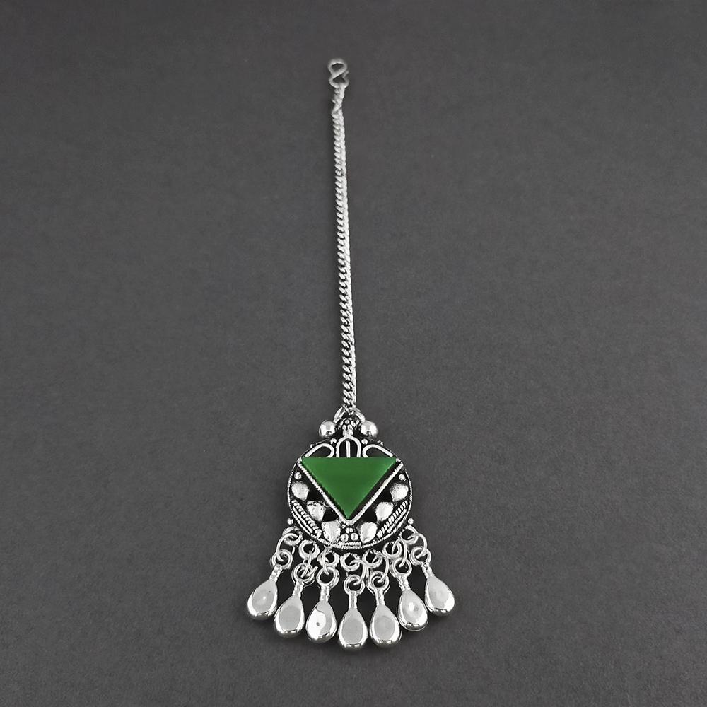 Jeweljunk Dark Blue Oxidised Silver Plated Maang Tikka - 1505652F