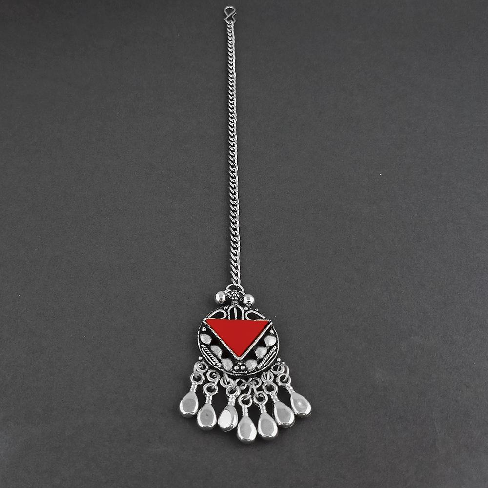 Jeweljunk Dark Blue Oxidised Silver Plated Maang Tikka - 1505652F