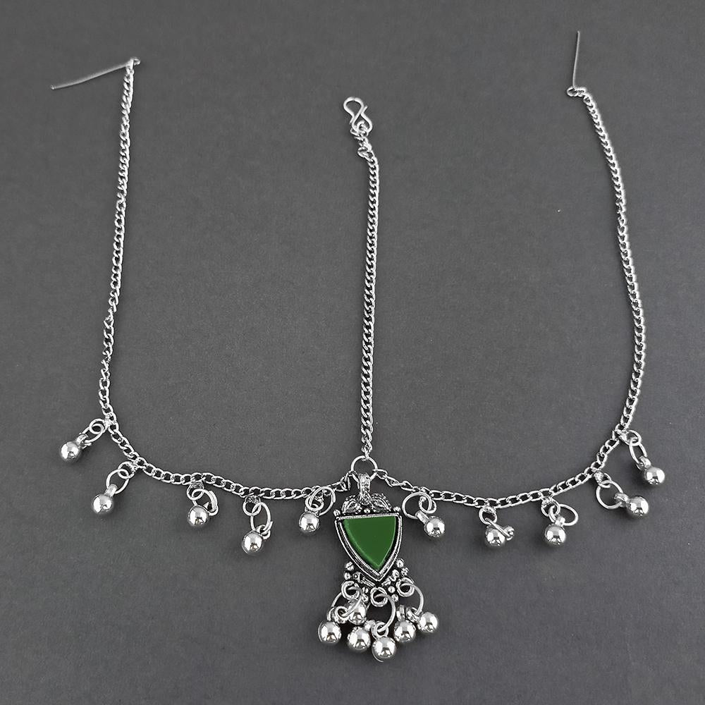 Jeweljunk Green Oxidised Silver Plated Maang Tikka - 1505676C