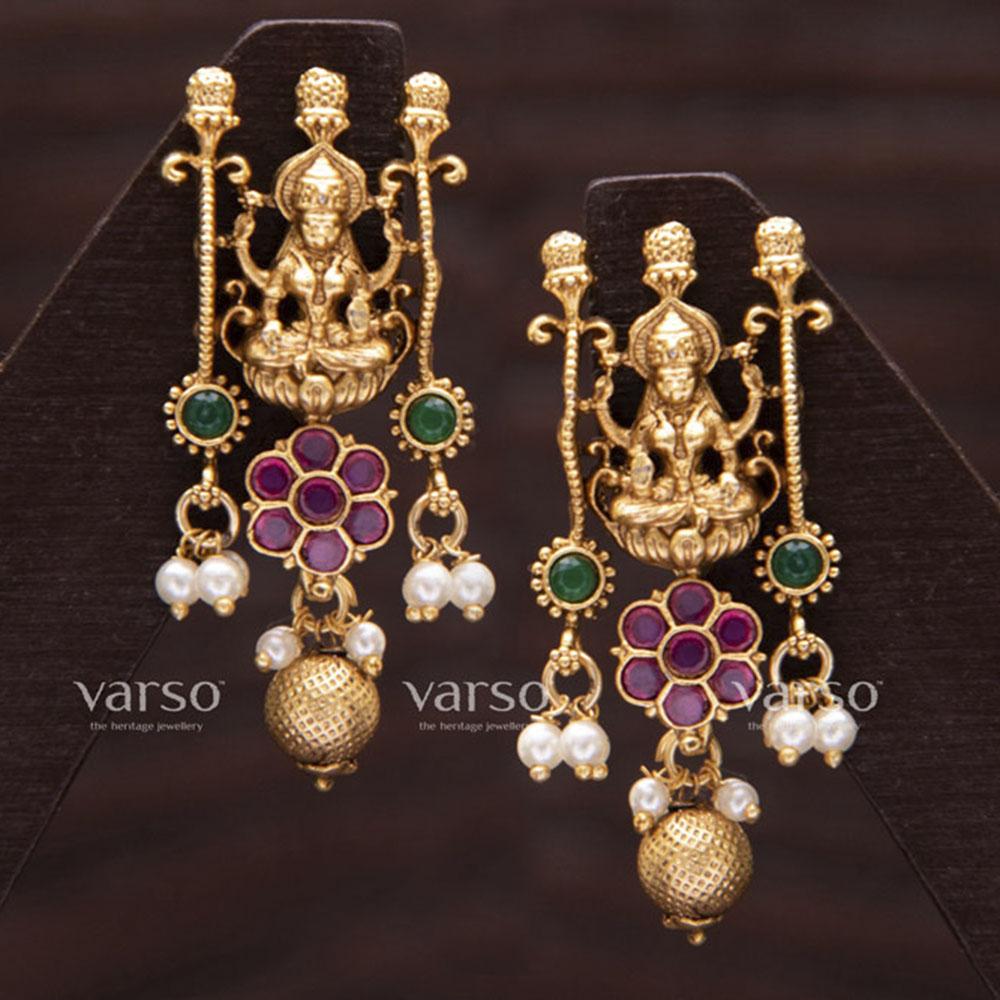 Varso Ruby & Emerald Gold Plated Alloy Pearl Dangler Earrings - 211117