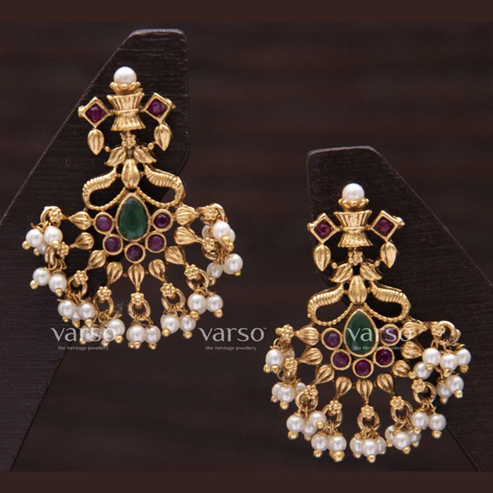 Varso Ruby & Emerald Gold Plated Alloyed Pearl Dangler Earrings - 211125