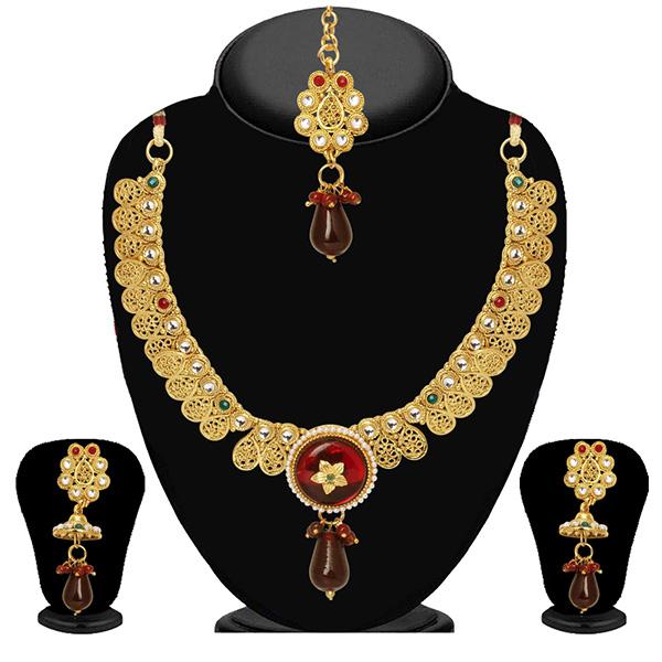 Tip Top Fashions Maroon Stone Necklace Set With Maang Tikka - 2201507