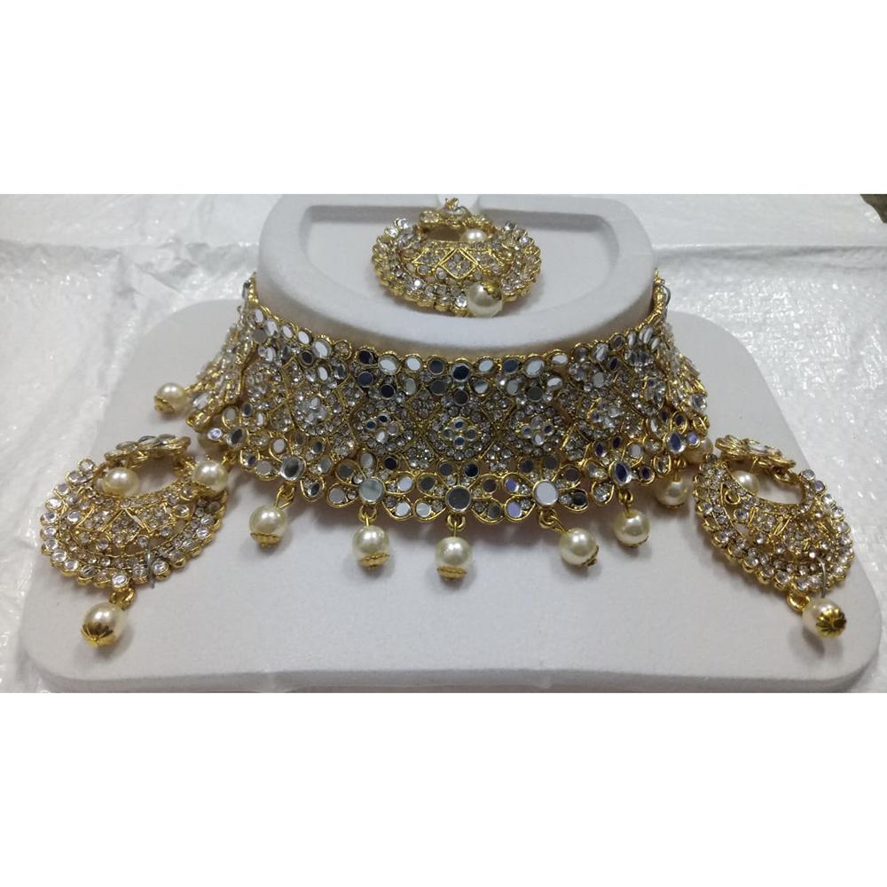 Jinu Arts Gold Plated Austrian Stone Kundan Mirror Choker Necklace SetWith Maangtikka - 2900326