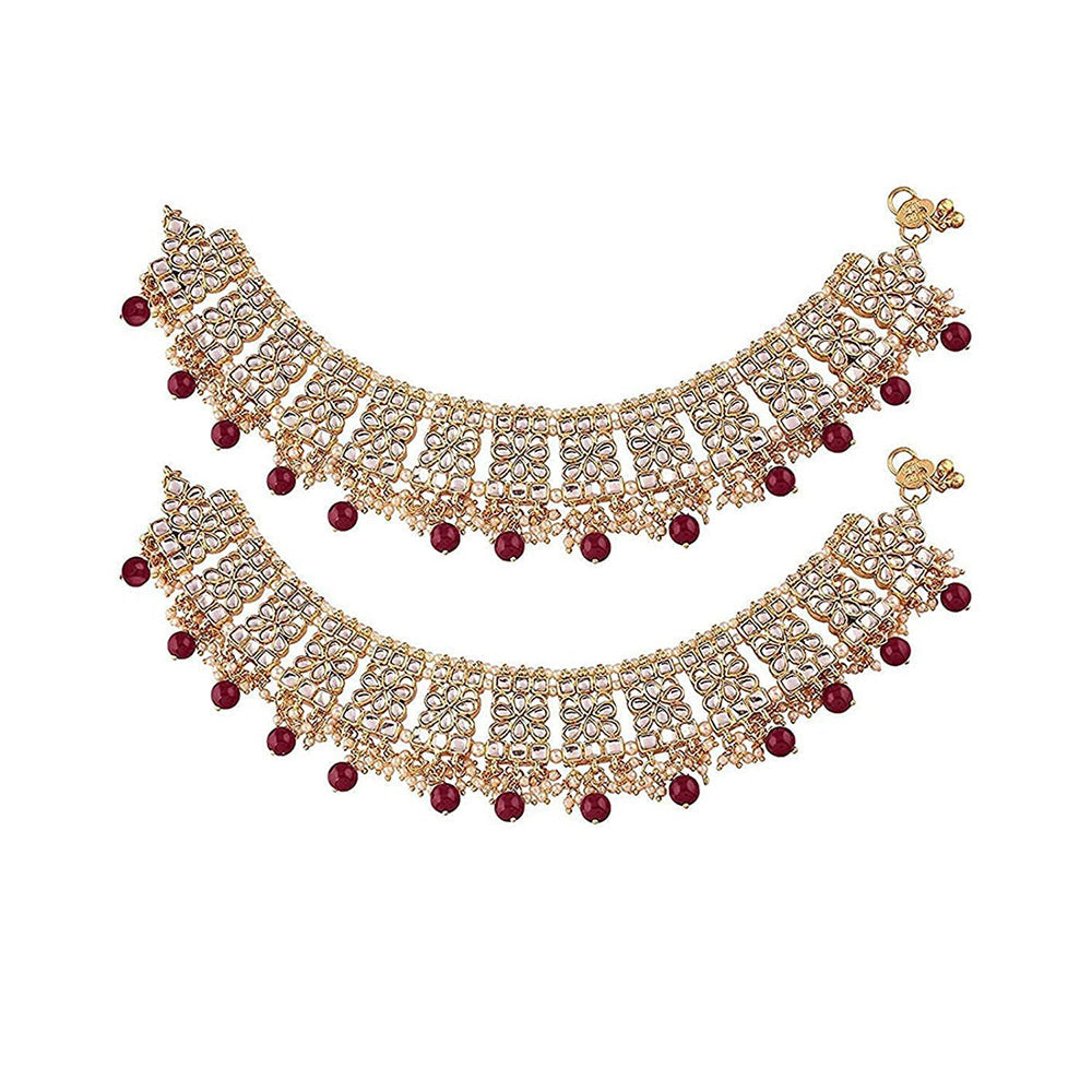 Etnico Gold Plated Kundan & pearl Studded Adjustable Bridal Anklets/Payal For Women/Girls (A022M)