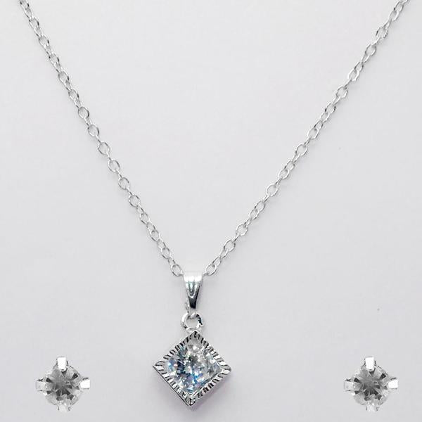 Urthn Rhodium Plated White Cubic Zirconia Stone Pendant Set - 1203704B