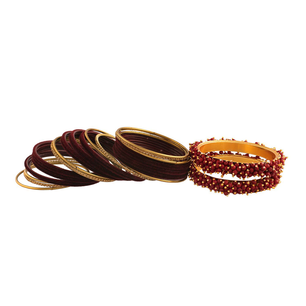 Etnico Gold Plated Traditional Velvet Chuda Bangle Set With Pearl Kada for Women (ADB315M-a) (Pack of 1) (Maroon)