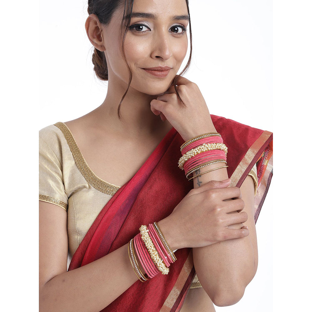 Etnico Gold Plated Traditional Pink Velvet Chuda Bangle Set With Pearl Kada (ADB315Pi-a) (Pack of 1)
