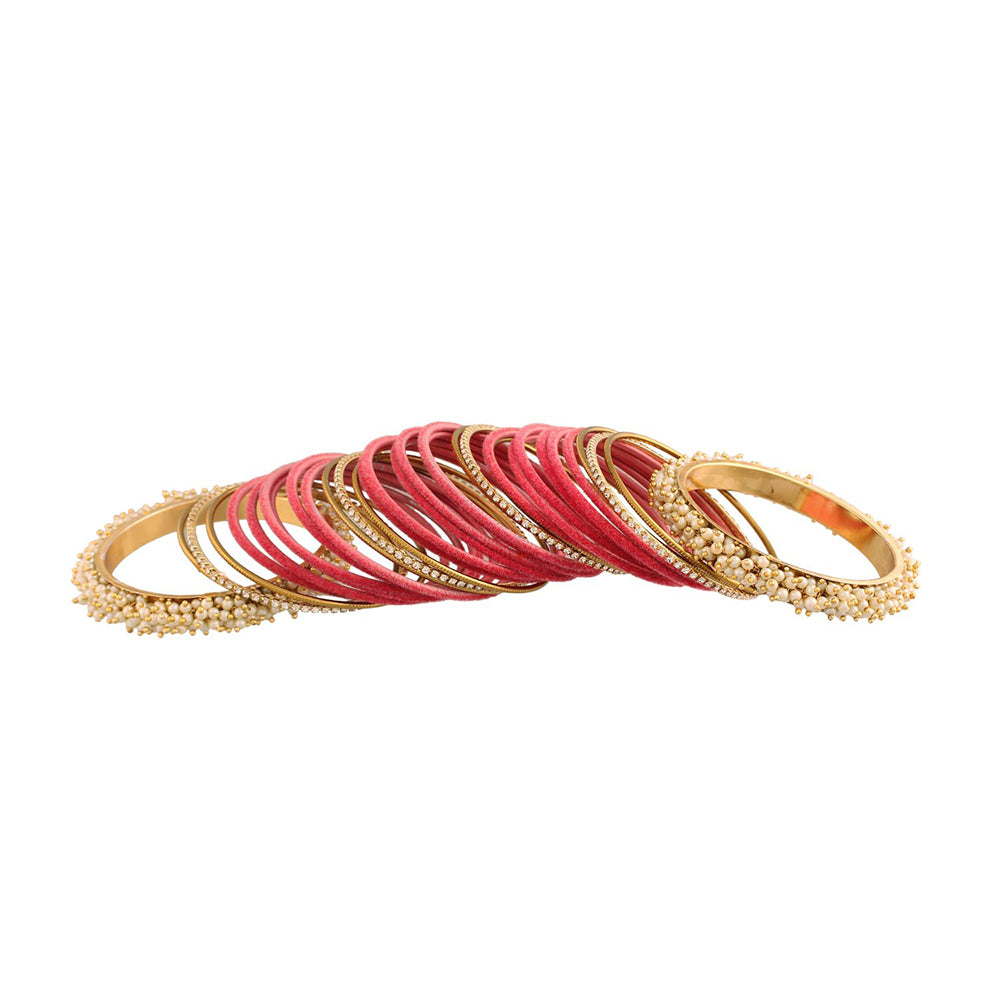 Etnico Gold Plated Traditional Pink Velvet Chuda Bangle Set With Pearl Kada (ADB315Pi-a) (Pack of 1)