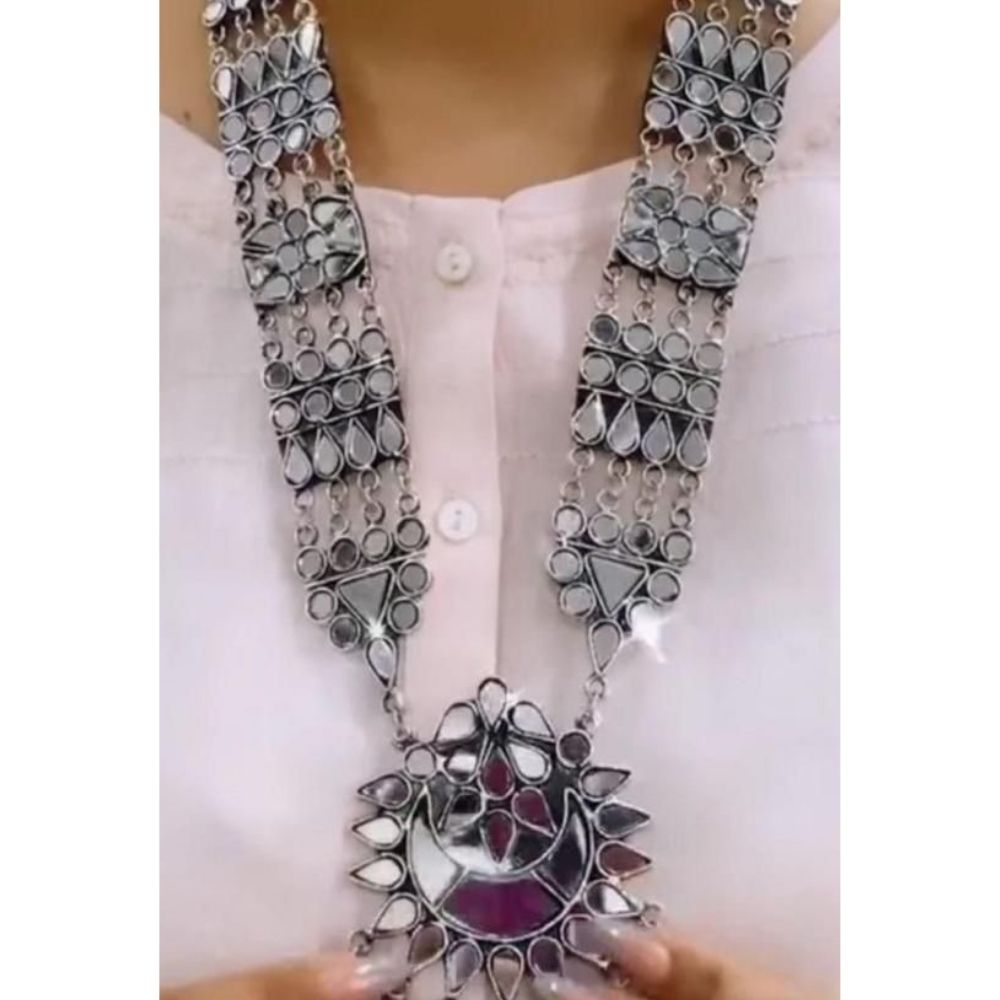 Blythediva Pack Of 3 Oxidised Plated Long Mirror Necklace Set With Earrings