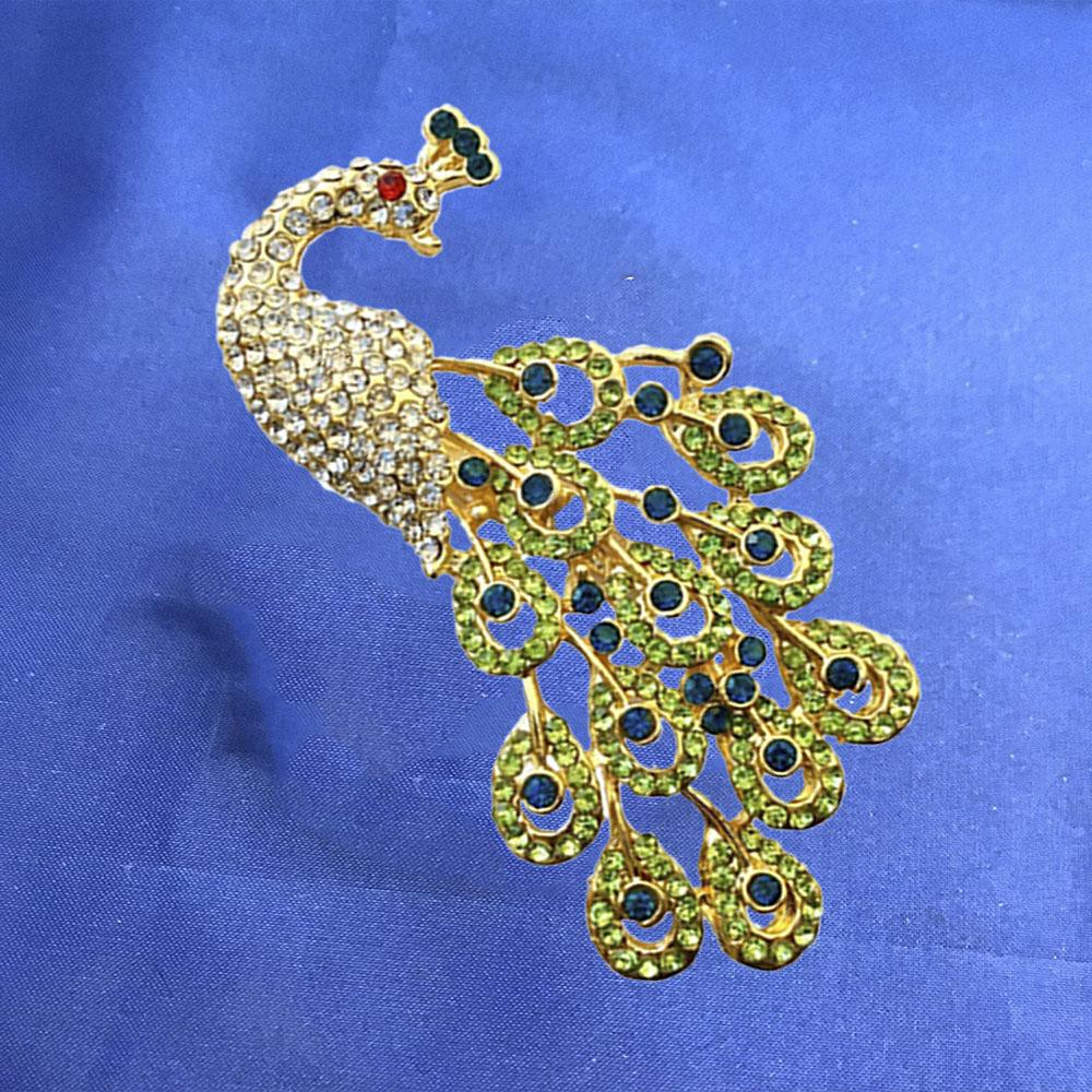 Mahi Gold Plated Plated Green Crystal Studed Peacock Brooch For Women