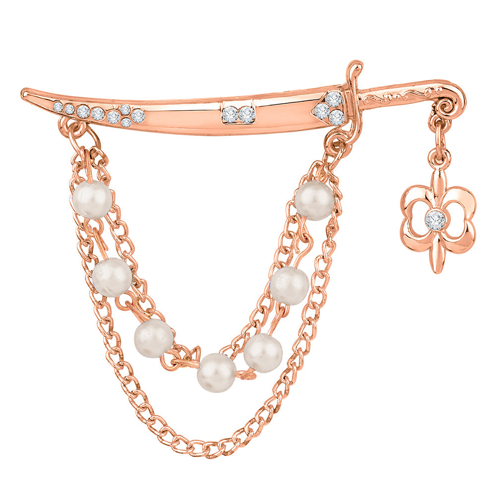Mahi Rose Gold Plated White Crystal and Artificial Pearl Sword Shape Tripple Layer Chain Brooch for Men (BP1101057Z)