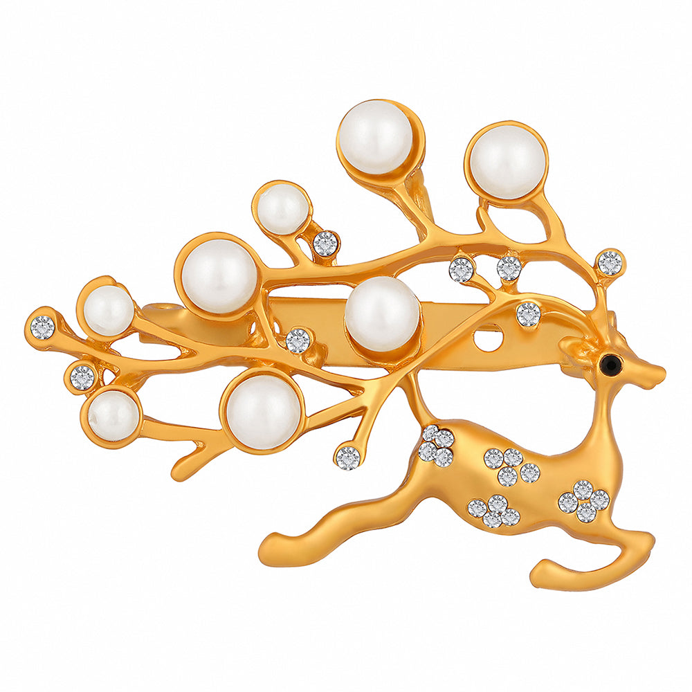 Mahi Running Deer Shaped Shirt Stud / Brooch Lapel Pin with Artificial Pearl and Crystals for Women (BP1101090GWhi)