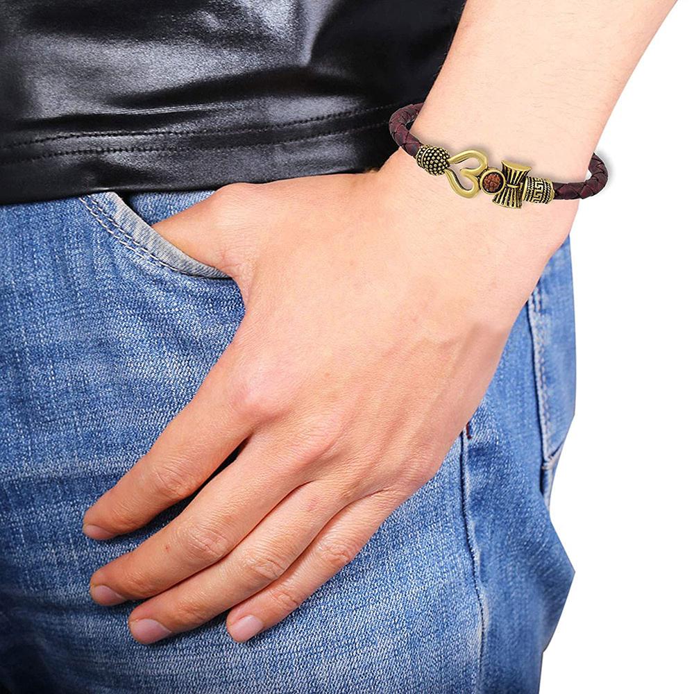 Mahi Rudraksh Trishul Damroo Leather Kadas Bracelet Cuff for Men (BR1100427G)