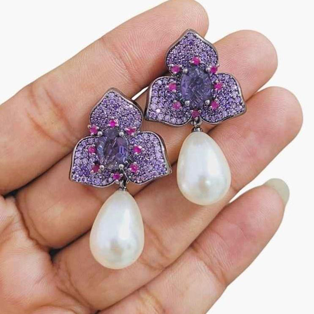 JewelTreeTz Gold Plated Beautiful Micro Pave Petal with Pearl Drops Earrings (Piece 1 Only)