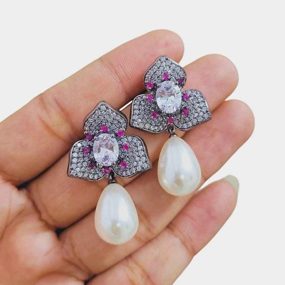 JewelTreeTz Gold Plated Beautiful Micro Pave Petal with Pearl Drops Earrings (Piece 1 Only)