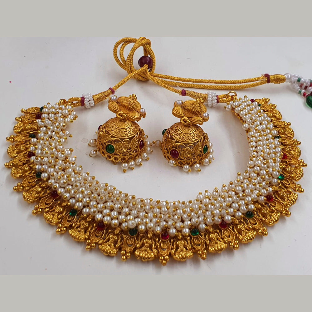 Midas Touch Brass Metal Pota Stone And Pearl Laxmi Temple Necklace Set