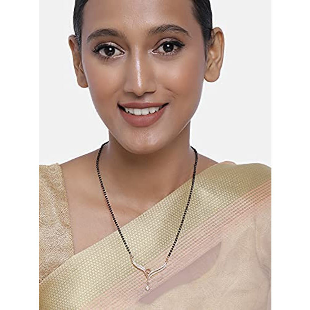 Etnico 18k Rose Gold Plated Traditional Single Line American Diamond Pendant with Black Bead Chain Mangalsutra for Women (D071)