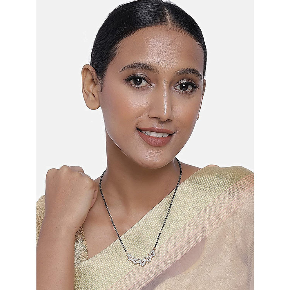 Etnico 18k Rose Gold Plated Traditional Single Line American Diamond Pendant with Black Bead Chain Mangalsutra for Women (D073)