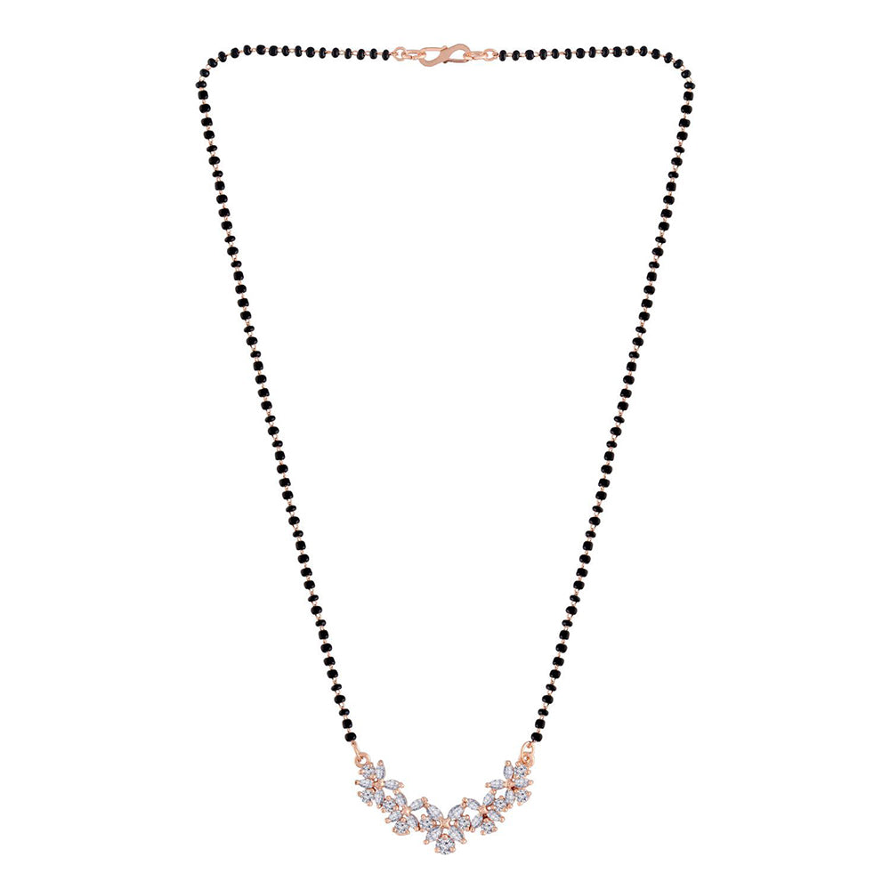 Etnico 18k Rose Gold Plated Traditional Single Line American Diamond Pendant with Black Bead Chain Mangalsutra for Women (D073)