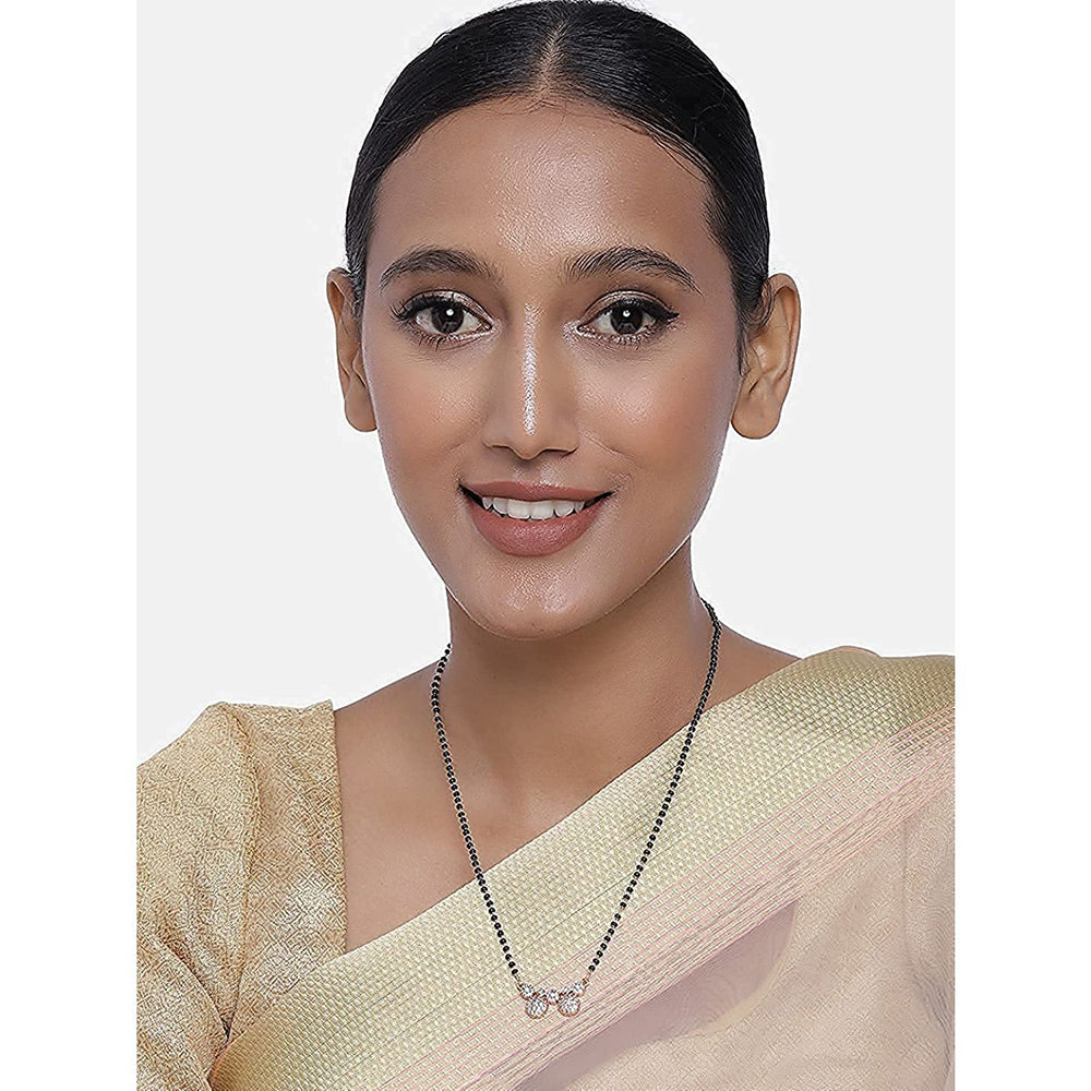Etnico 18k Rose Gold Plated Traditional Single Line American Diamond Pendant with Black Bead Chain Mangalsutra for Women (D075)