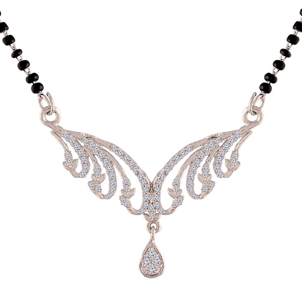 Etnico 18k Rhodium Plated Traditional Single Line American Diamond Pendant with Black Bead Chain Mangalsutra for Women (D077)