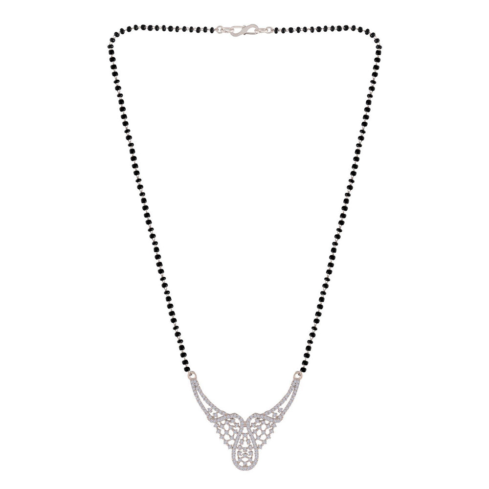 Etnico 18k Rhodium Plated Traditional Single Line American Diamond Pendant with Black Bead Chain Mangalsutra for Women (D080)