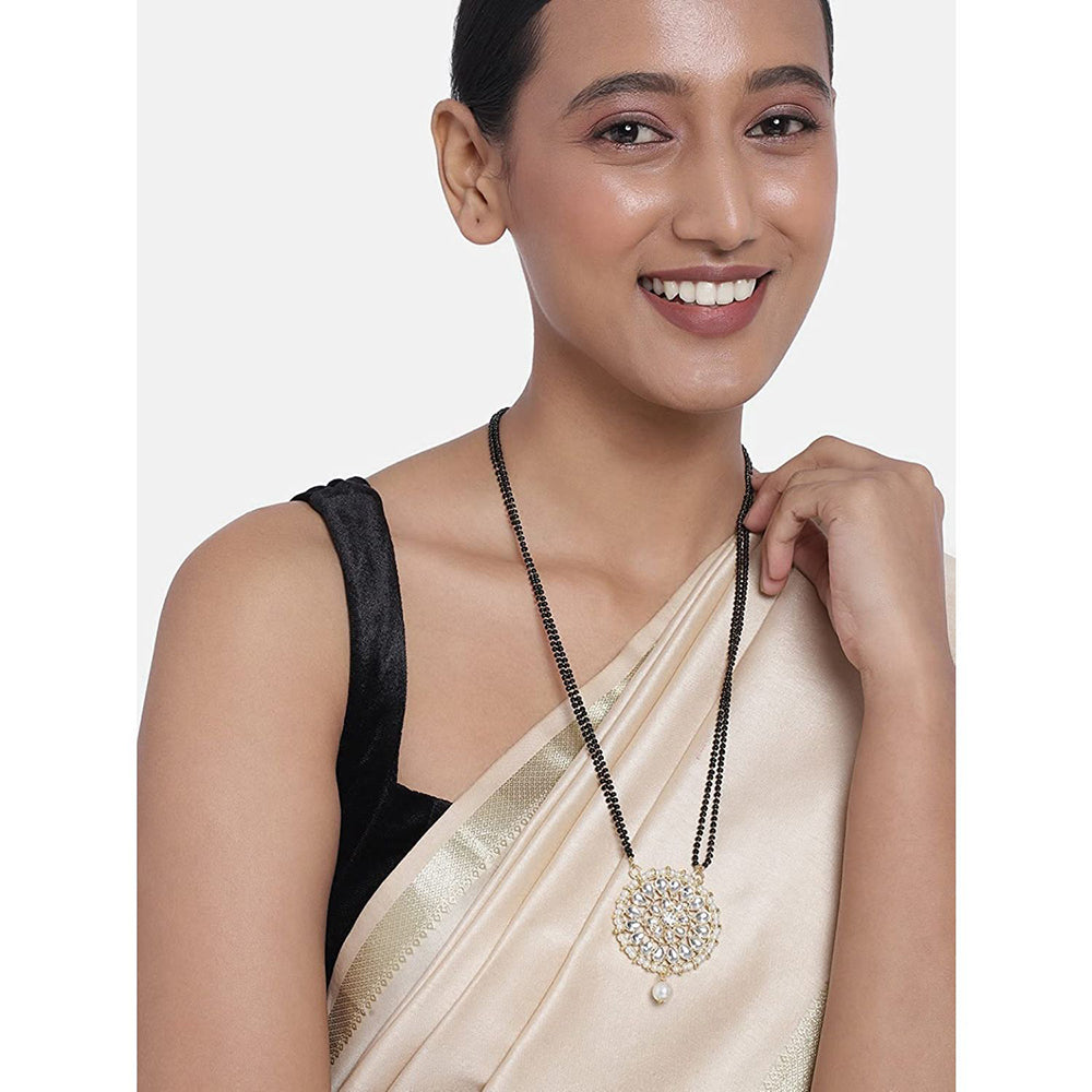 Etnico 18k Gold Plated Traditional Pearl Kundan Studded Pendant with Black Bead Chain Mangalsutra for Women (D085W)