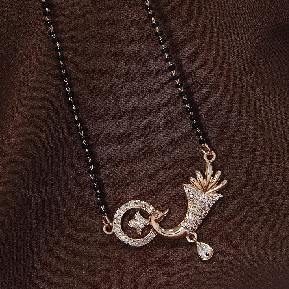 Etnico 18k Rose Gold Plated Traditional Single Line American Diamond Peacock Design Pendant with Black Beads Chain Mangalsutra for Women (D091)