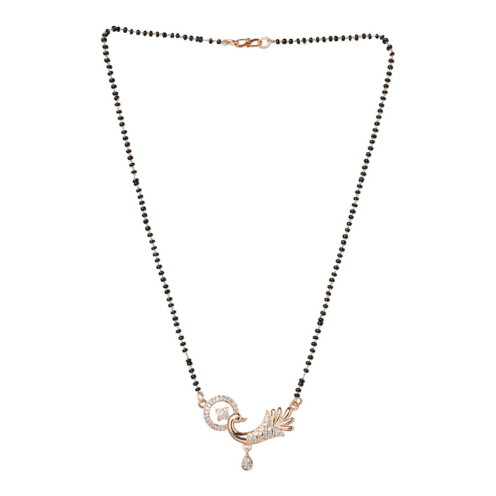 Etnico 18k Rose Gold Plated Traditional Single Line American Diamond Peacock Design Pendant with Black Beads Chain Mangalsutra for Women (D091)