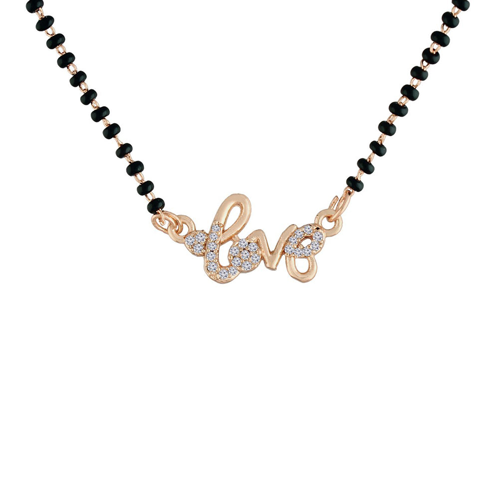 Etnico 18k Rose Gold Plated Traditional Single Line American Diamond Lovers Design Pendant with Black Beads Chain Mangalsutra for Women (D092)