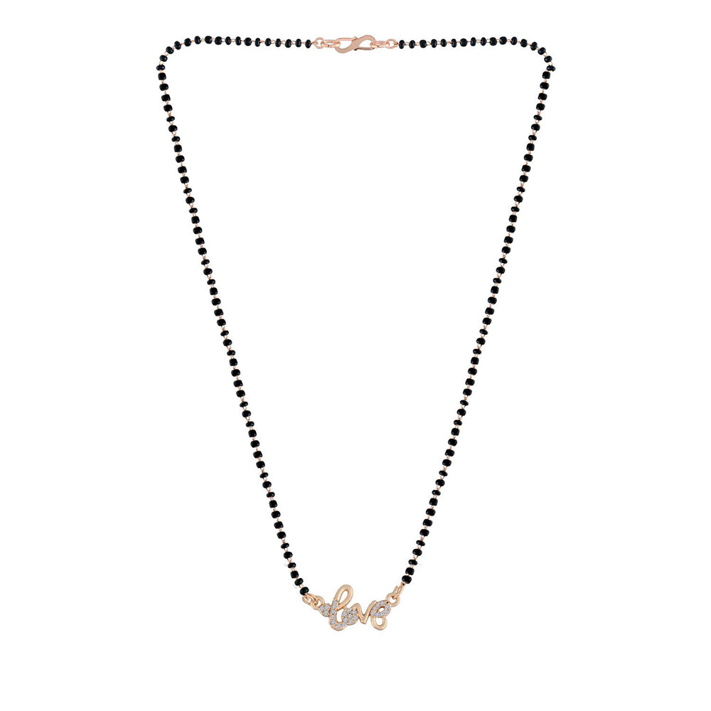 Etnico 18k Rose Gold Plated Traditional Single Line American Diamond Lovers Design Pendant with Black Beads Chain Mangalsutra for Women (D092)