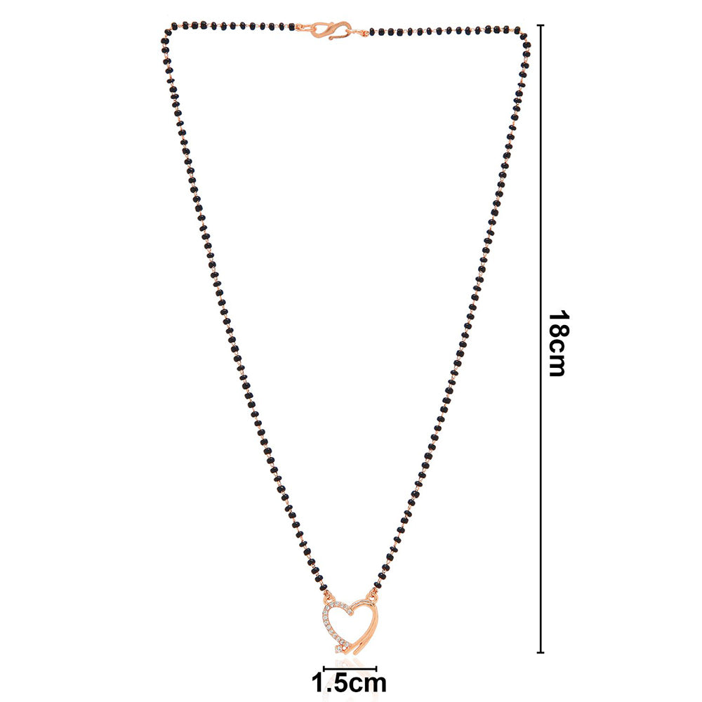 Etnico 18k Rose Gold Plated Traditional Single Line American Diamond Heart Shaped Pendant with Black Beads Chain Mangalsutra for Women (D095)