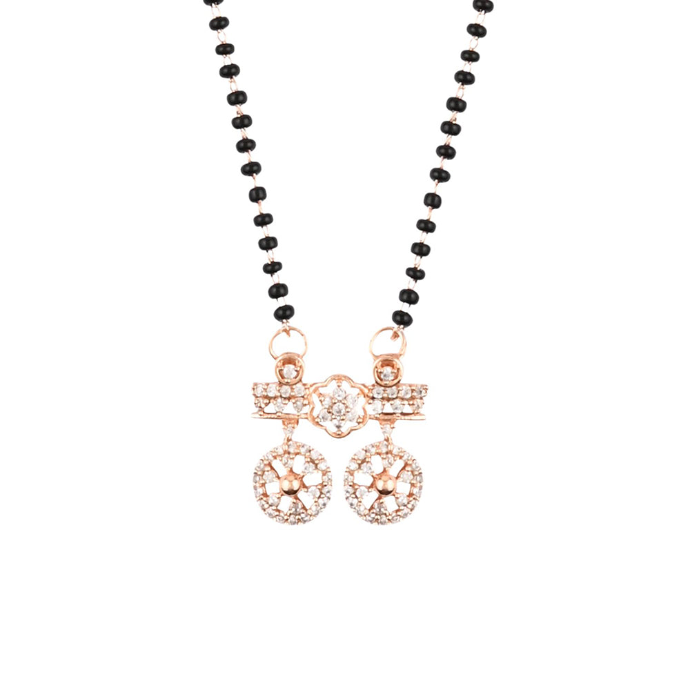 Etnico 18k Rose Gold Plated Traditional Single Line American Diamond Pendant with Black Bead Chain Mangalsutra for Women (D097)