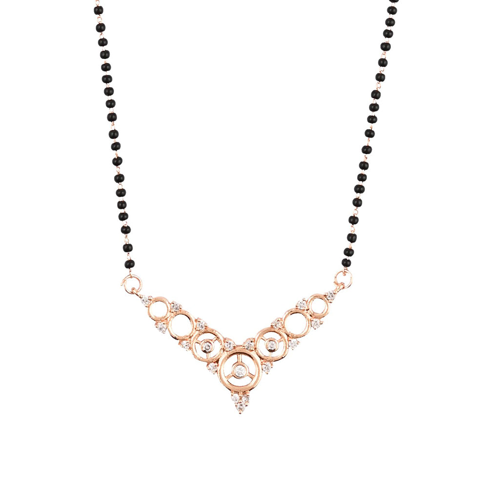 Etnico 18k Rose Gold Plated Traditional Single Line American Diamond Pendant with Black Bead Chain Mangalsutra for Women (D098)