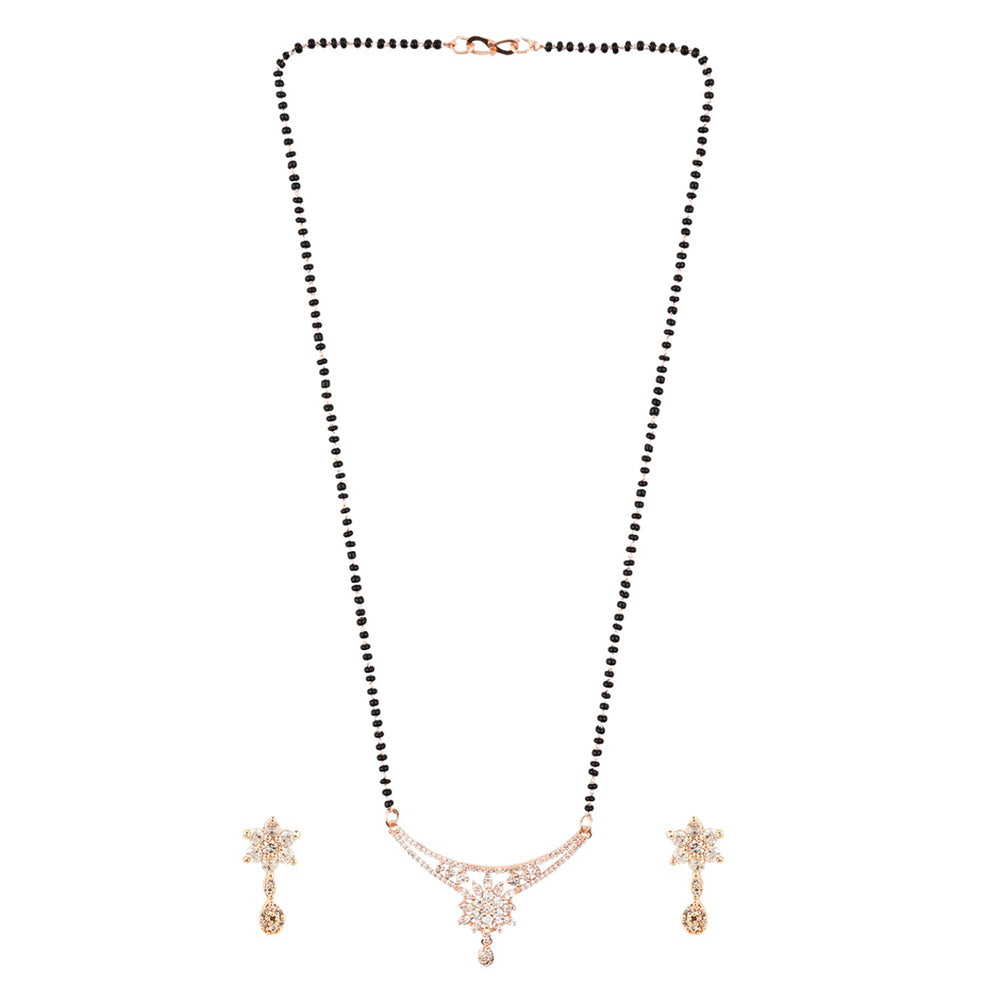 Etnico 18k Rose Gold Plated Traditional Single Line American Diamond Pendant with Black Bead Chain Mangalsutra for Women (D099)