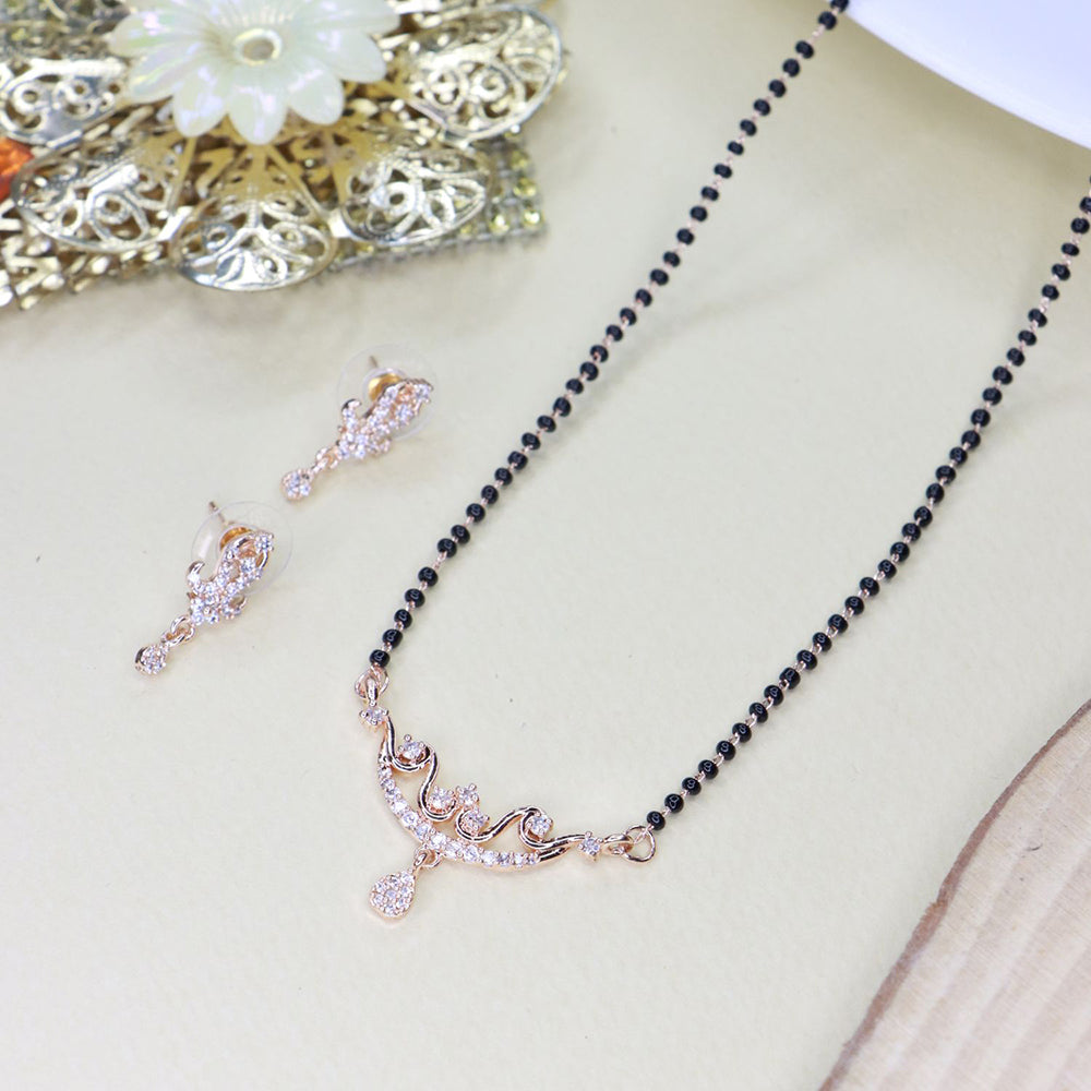 Etnico 18k Rose Gold Plated Traditional Single Line American Diamond Pendant with Black Bead Chain Mangalsutra for Women (D101)