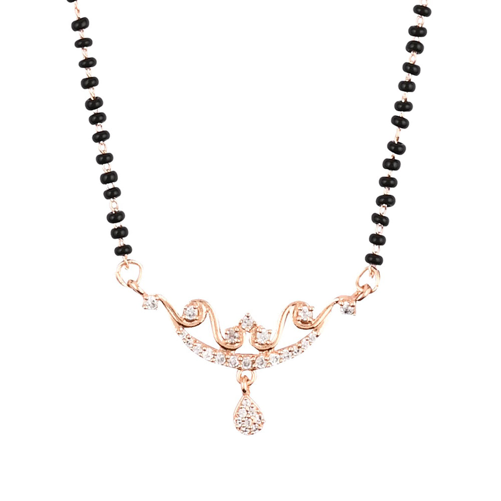 Etnico 18k Rose Gold Plated Traditional Single Line American Diamond Pendant with Black Bead Chain Mangalsutra for Women (D101)
